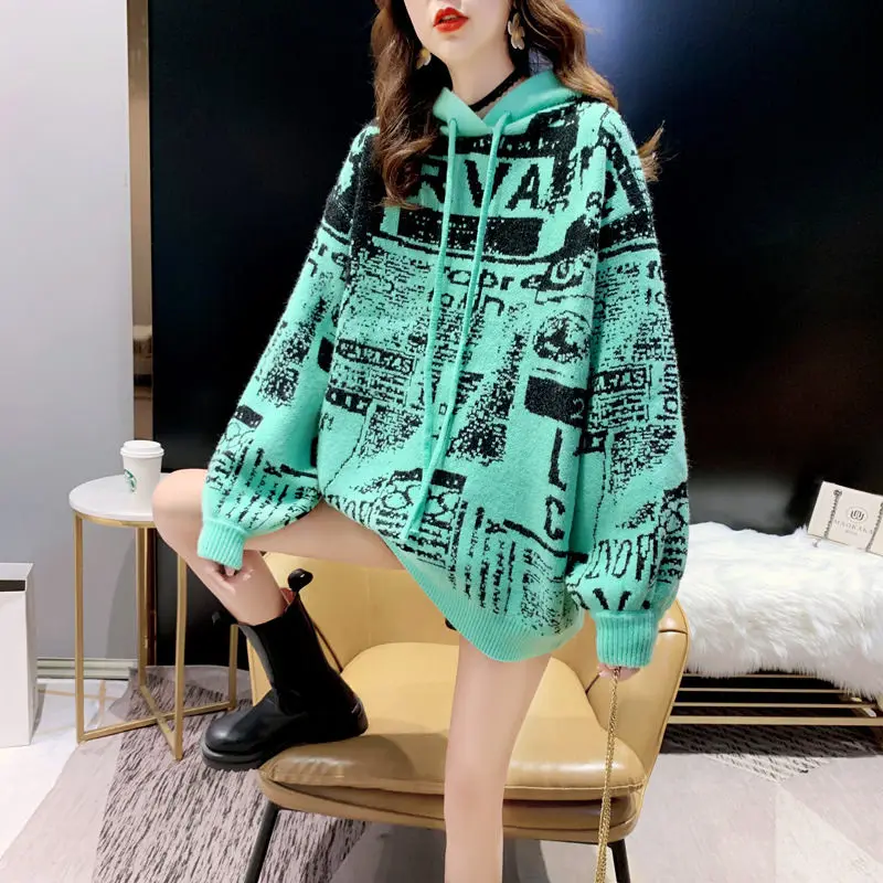 

Women's Clothing Hooded Pullover Sweaters Loose Korean Spring Autumn Lazy Style 2022 New Printed Knit Sweater Outer Wear e020