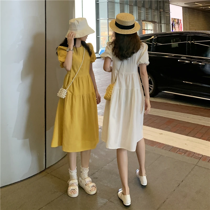

Sweet round neck bubble short-sleeved dress women summer 2021 new Korean style high-waisted thin mid-length skirt