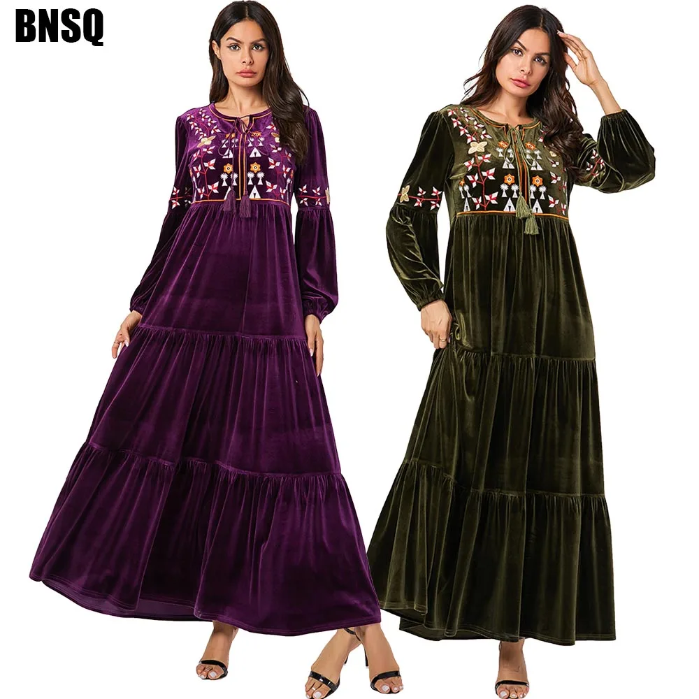 

Женское бархатное платье-абайя BNSQ, длинное платье с цветочной вышивкой, зимняя одежда в стиле Саудовской Аравии