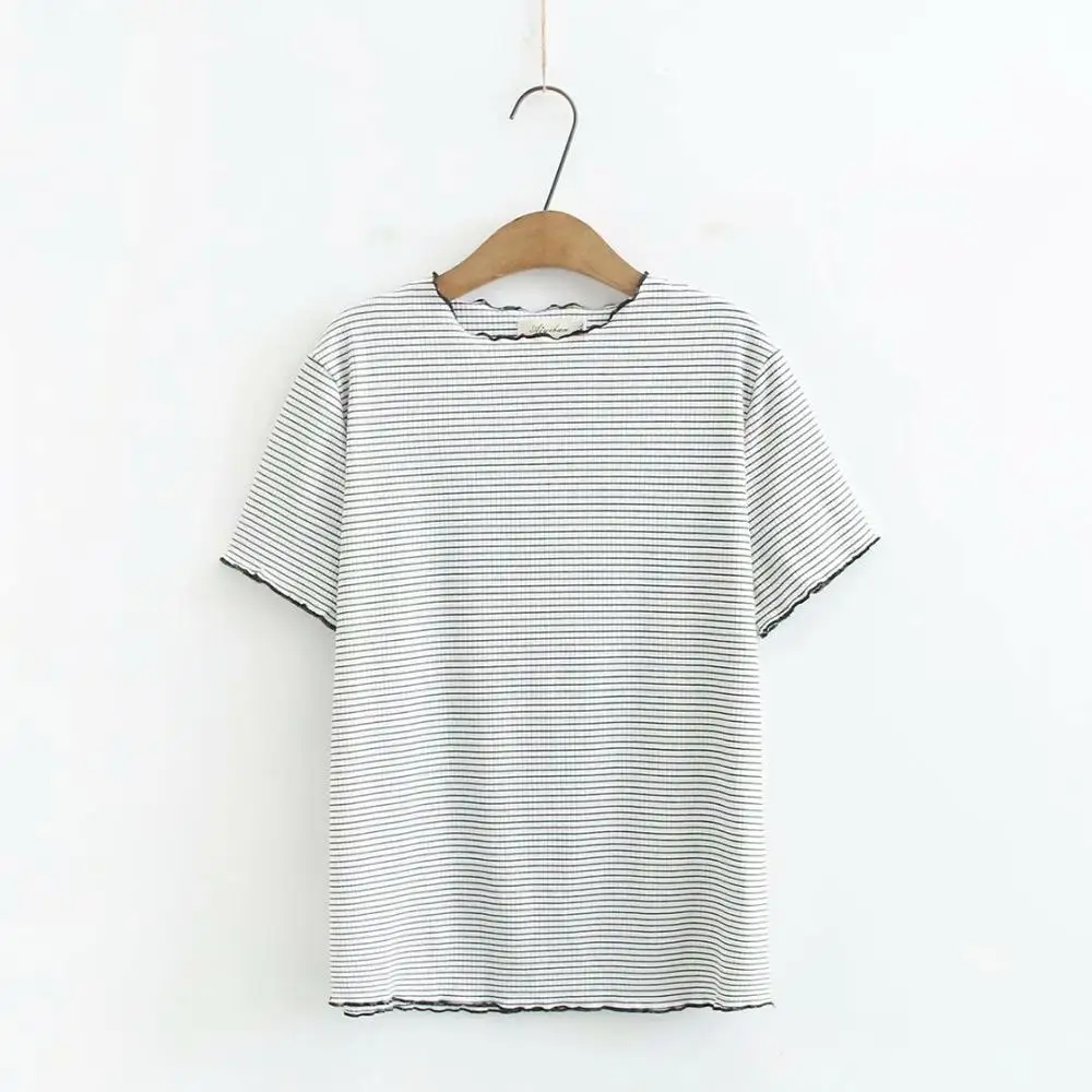 Эластичные полосатые трикотажные свободные женские футболки с оборками и