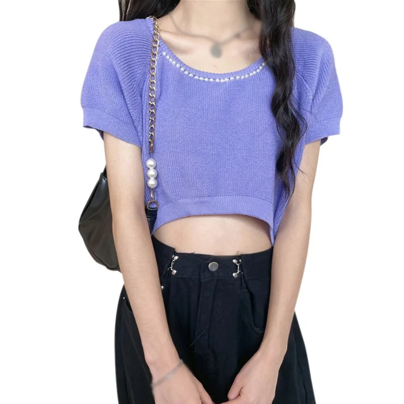 

Женская трикотажная футболка с коротким рукавом, однотонная Повседневная футболка с круглым вырезом и открытым пупком в Корейском стиле, л...