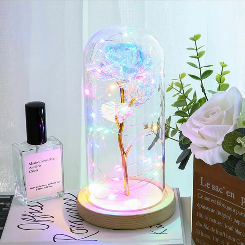 

Galaxy Rose Flashing Flowers In Flask Glass Dome For Valentine's Mother's Day Birthday Christmas Gift Wedding Decoration