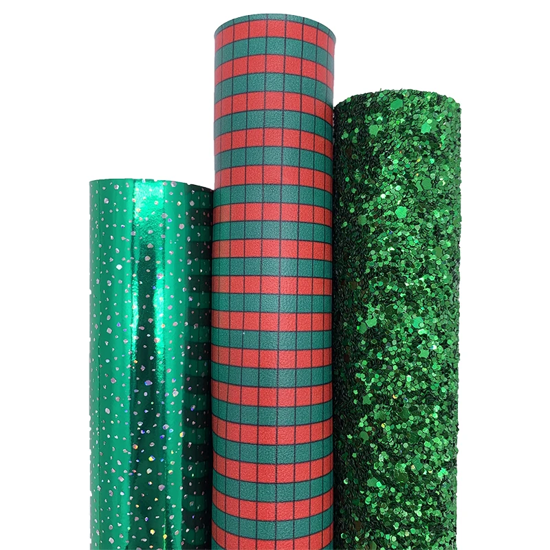 3PCS/SET Christmas Green Glitter Vinyl Fabric Matching with Patent Glitter Faux Leather For Bows Earrings DIY 21X29CM Q126