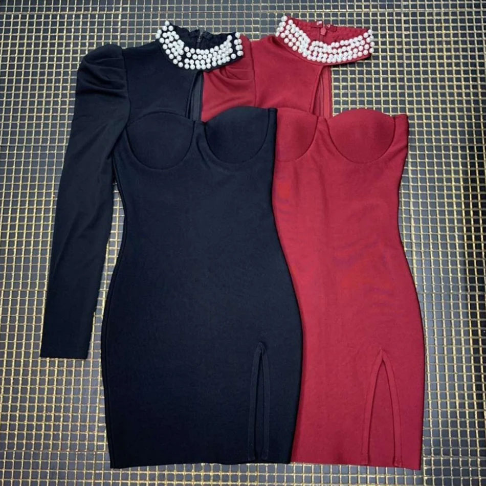 

Ailigou 2021 Summer Women Burgundy First Shoulder Skinny Dress Lady Solid Color Beaded Long Sleeve Sexy Mini Sexy Party Dress