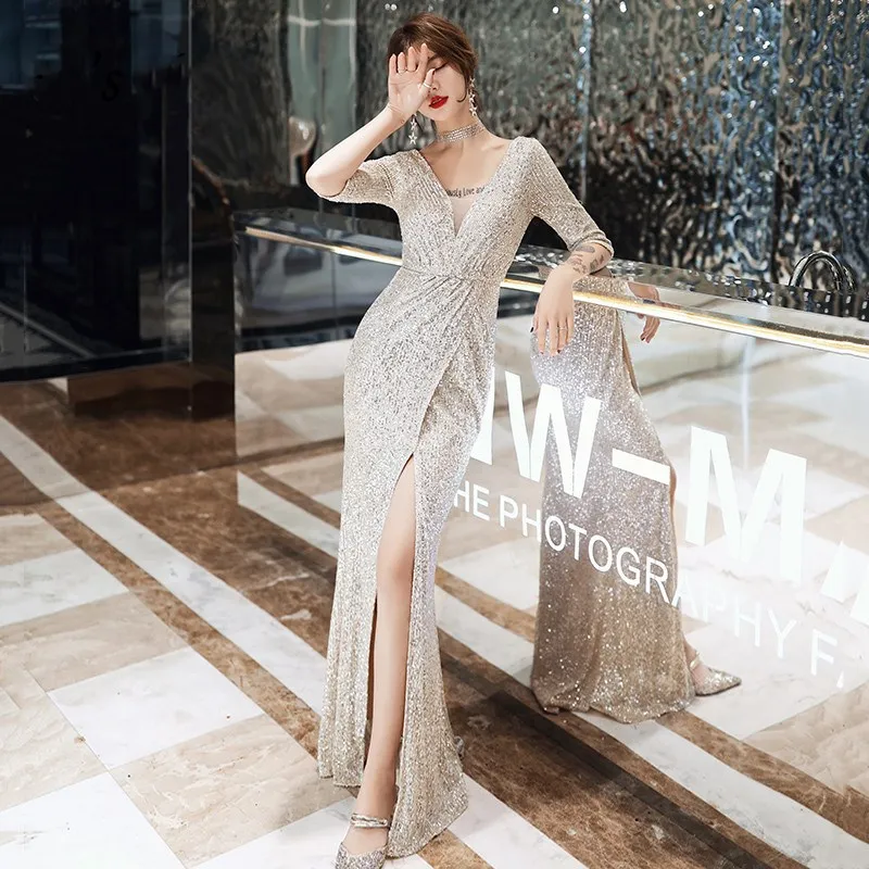 Женское вечернее платье-русалка элегантное серебристое блестящее платье с