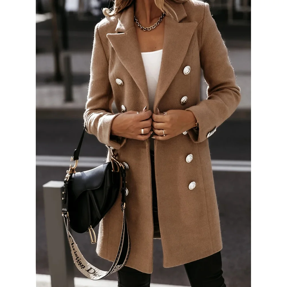 

Женская Повседневная офисная куртка с длинным рукавом, двубортная шерстяная куртка с воротником, Осень-зима