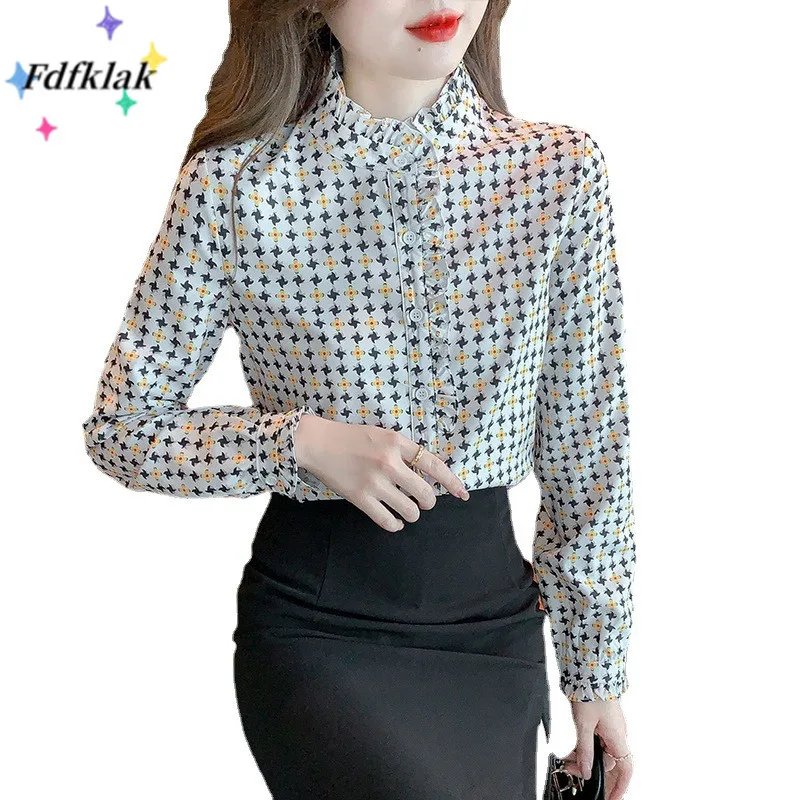 

Fdfklak S-2XL 2022 Spring New Wooden Ear Side Collar Shirt Women Floral Long-Sleeved Top Clothes Blouse Ladies Camisas De Mujer