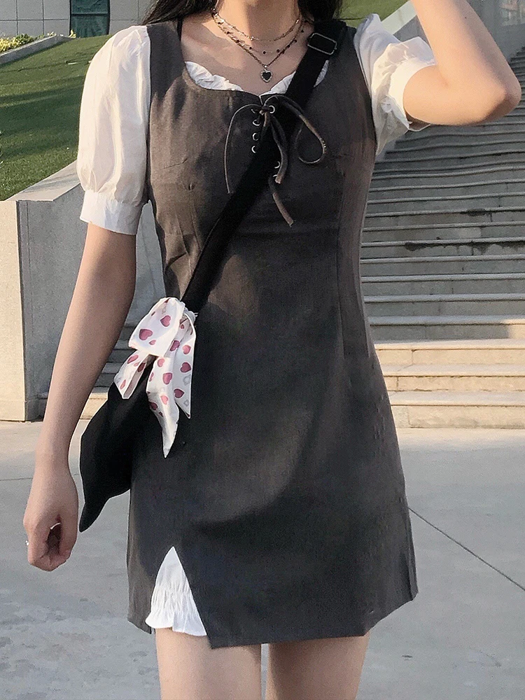 

Платье из двух частей с пышными рукавами, женское платье во французском стиле, уличная одежда, серые темпераментные тонкие короткие платья