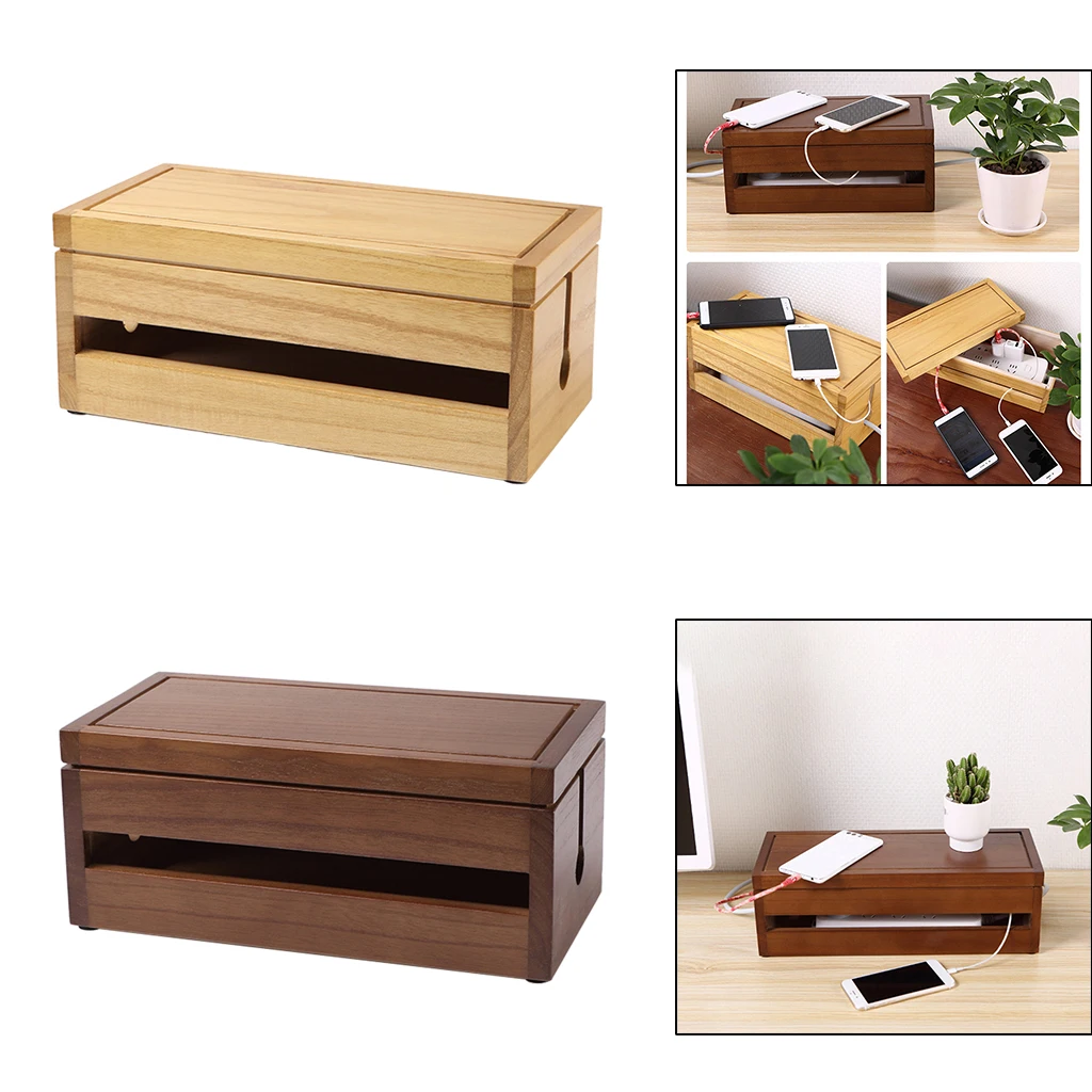 

Cable Management Box Wood Cord Organizer Case for Extension Blocks Office