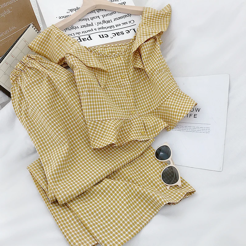 Весенне летний клетчатый жилет в Корейском стиле с оборками и круглым вырезом