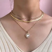 flatfoosie simple gold color metal snake chain necklace for women multi layered love heart crystal pendant necklace jewelry gift