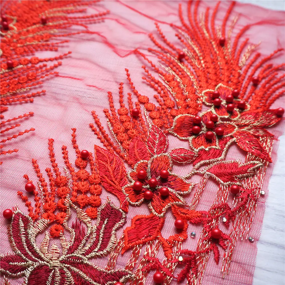 Красная кружевная ткань цветок кисточки бусины вышитая стразами Аппликация для