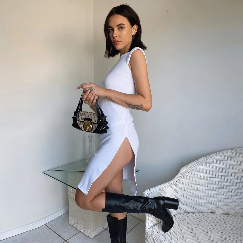 

Black Split Dress 2021 Spring New Fashion Sexy Sleeveless Skinny Dresses for Women Street Knee-Length Sheath Pullover Chic
