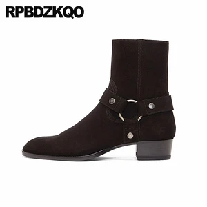 Женские ботильоны квадратный носок черный жгут ботинки из натуральной нешлифованной кожи роскошная дизайнерская обувь для мужчин высокого качества из замши, с молнией на одну на не сужающемся книзу массивном размера плюс