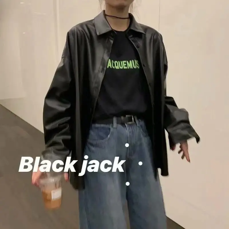 Женская байкерская куртка из ПУ кожи черная Базовая большого размера с отложным