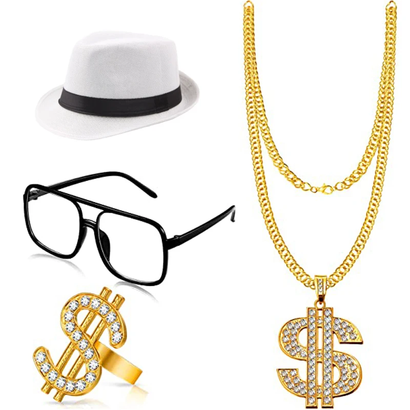 

4 Pieces Hip Hop Costume Black White Hat glasses Dollar Sign Gold Chain Ring Hip Hop 80s/90s Rapper Accessories Halloween Party