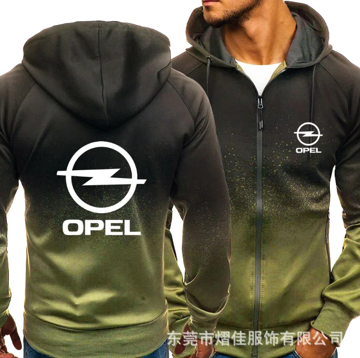 

NEW2021 for OPEL Car Logo Print Casual HipHop Harajuku Gradient color Hooded Mens Fleece Sweatshirts zipper Jacket