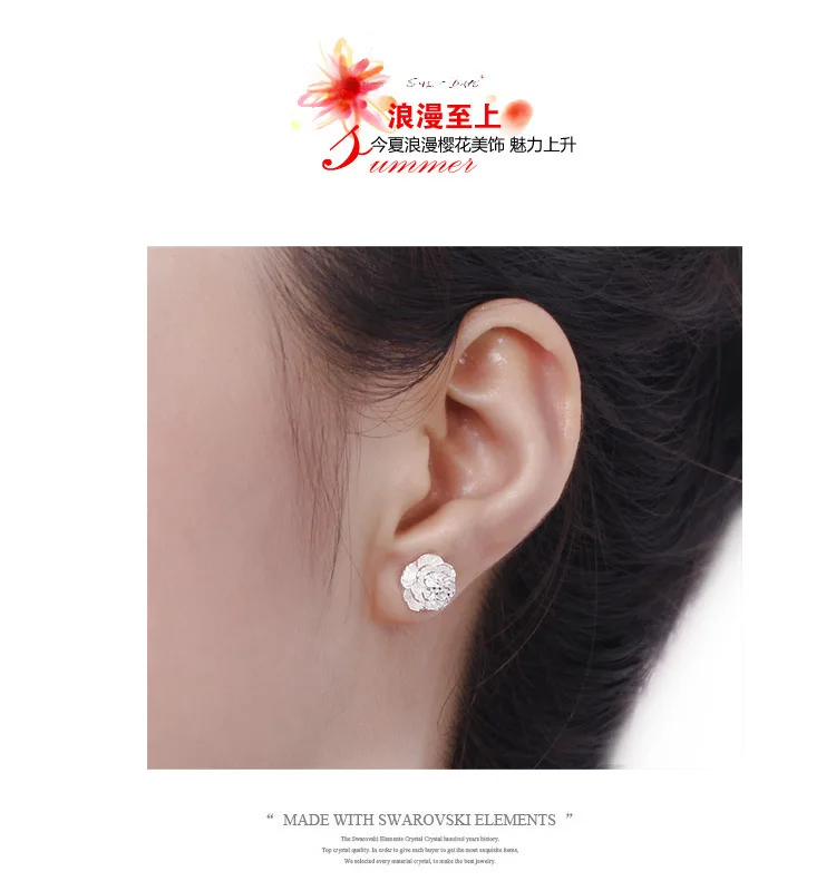 

Romantic silver color Cherry Blossom Love Flower CZ Zircon Stud Earrings pendientes oorbellen boucle d'oreille Jewelry