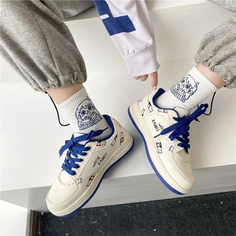 

Kawaii Print Low-cut Women's White Shoes Korean Style Lace-up Ladies Vulcanized Shoes Fashion Campus Style Flat Running Sneakers