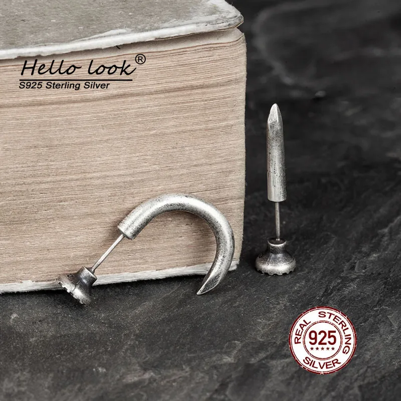 HelloLook Bent and Straight Nails Design Earring 925 Sterling Silver Stud Earrings Punk Unisex Ear Piercing Jewelry | Украшения и