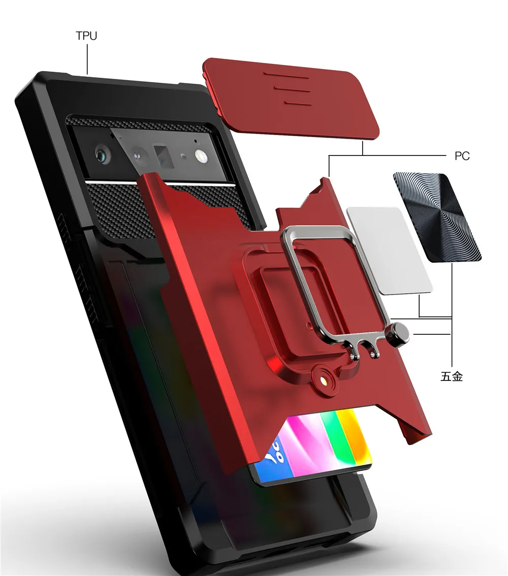 Чехол для Google Pixel 6 Pro чехол с магнитными слотами карт подставкой слайд-камера