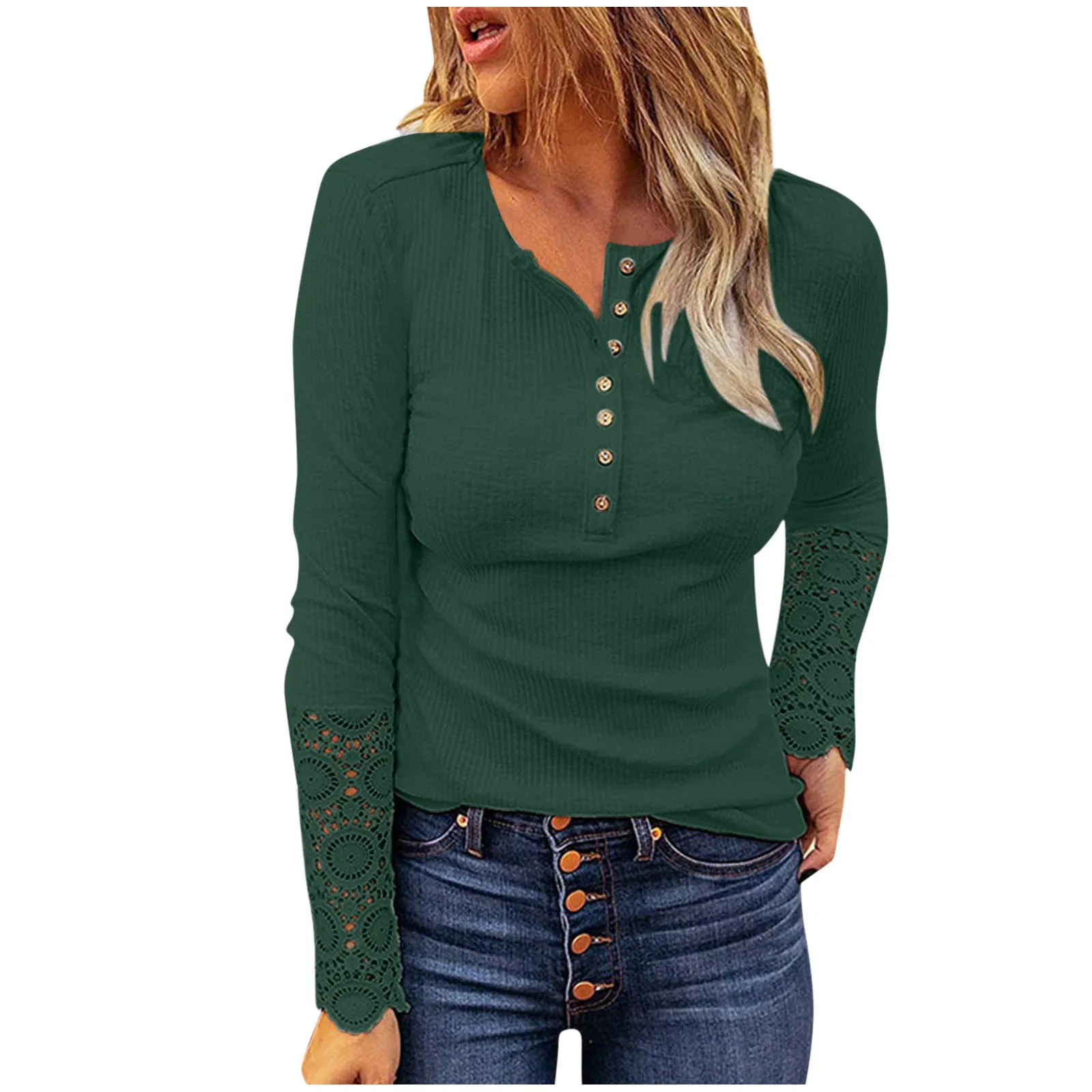 

Women Blouse Long Sleeve Fashion Comfortable V-neck Tunic Front Button Shirt Shirt Lace Buttoned Undershirt футболка женская