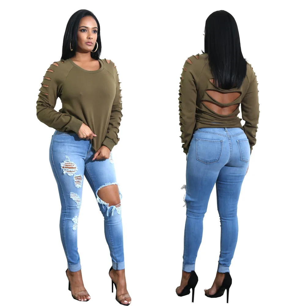 

YP251 spring ripped plus size jeans women's fashion skinny pants