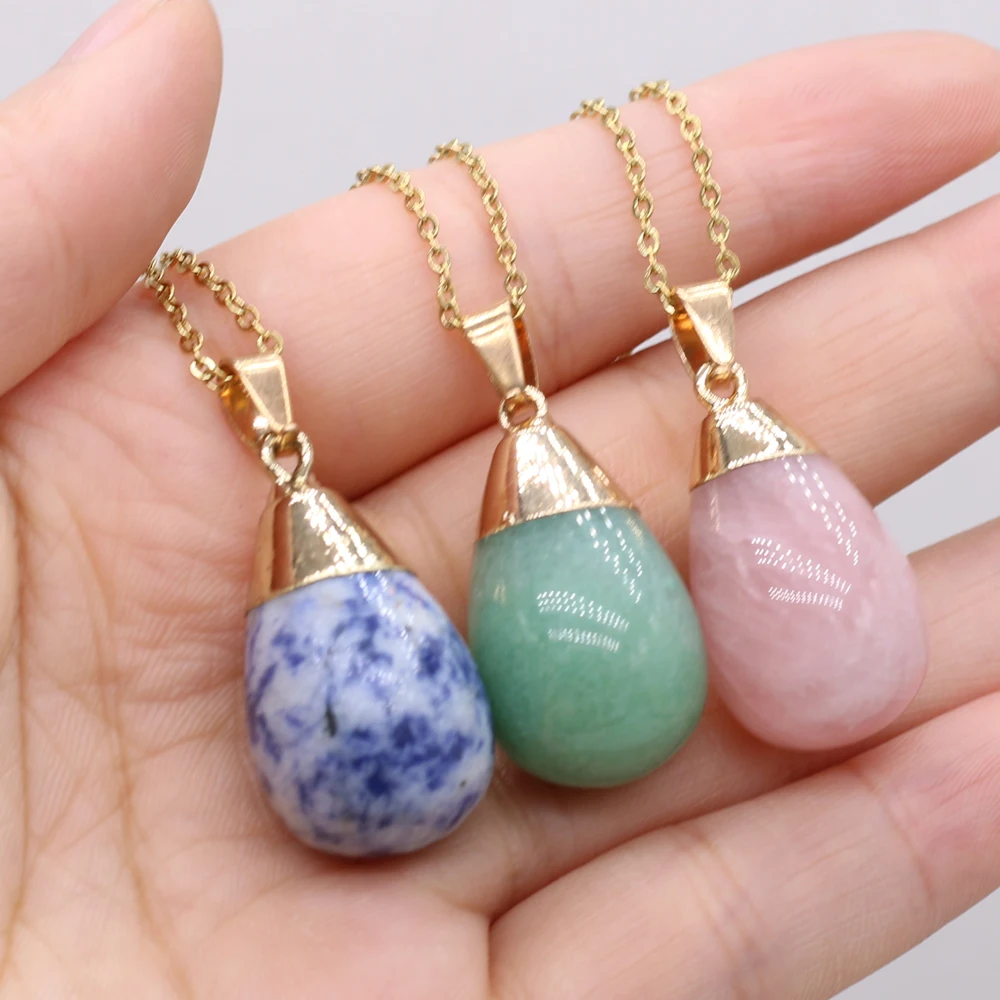 

Natural Round Water Drop Shape Damation Jaspers Flash Labradorite Stone Necklace Pendant Gift Length 40cm Size 15x30mm