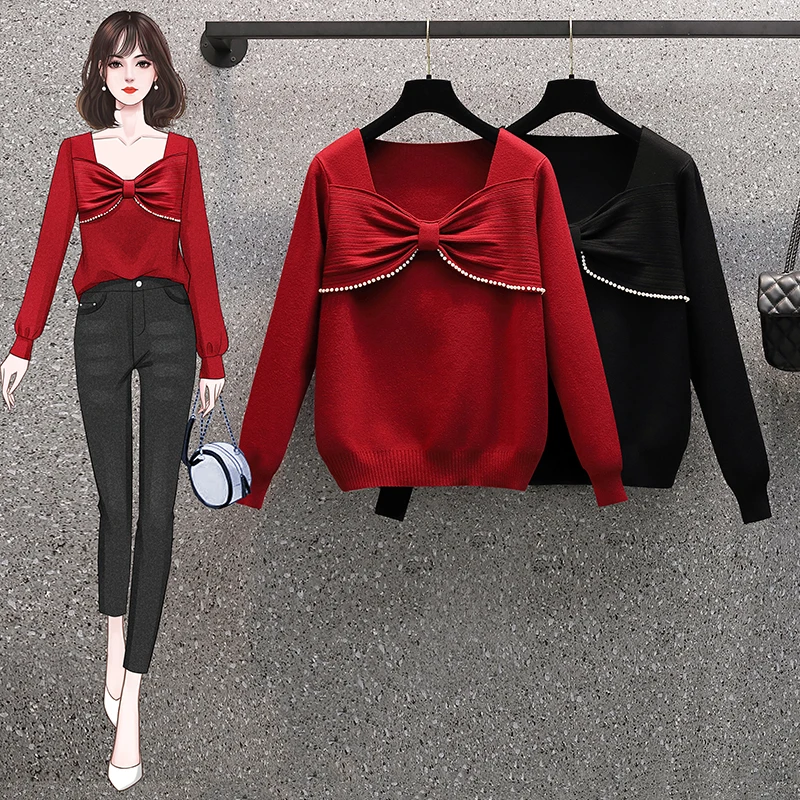 

Black Red Bow Plus Large Size Oversize Korean Style Fashion Pullovers For Autumn Women'S Clothing Ladies Sweater 2021 Tops