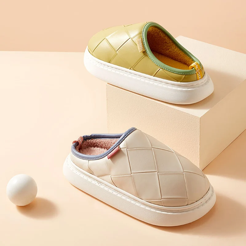 Женские зимние тапочки из искусственной кожи Нескользящие домашние на толстой