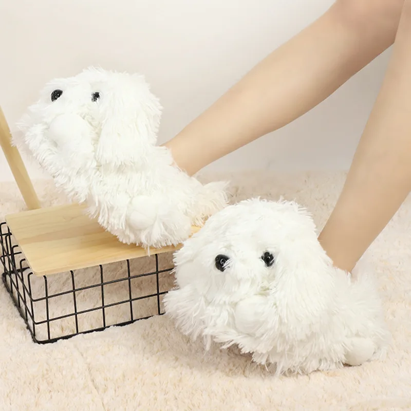 

2021 Cute White Dog House Cotton Slippers Plush Home Creative Fur Slippers Girls Home Shoes Indoor House Fur Fulffy Slippers