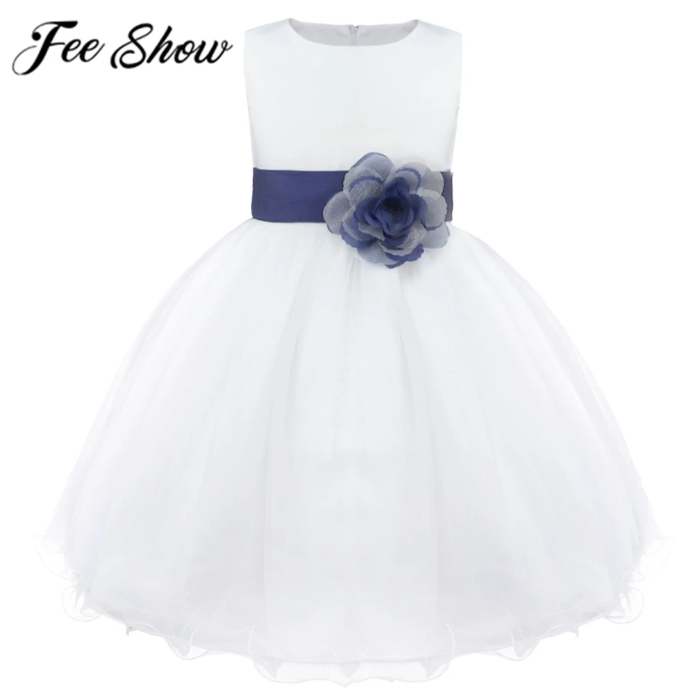 

Kids Toddler Girls Cute Polyester Navy Blue Flower Girls Dresses Formal Wedding Pageant Party Bridesmaid Holy Communion Dresses