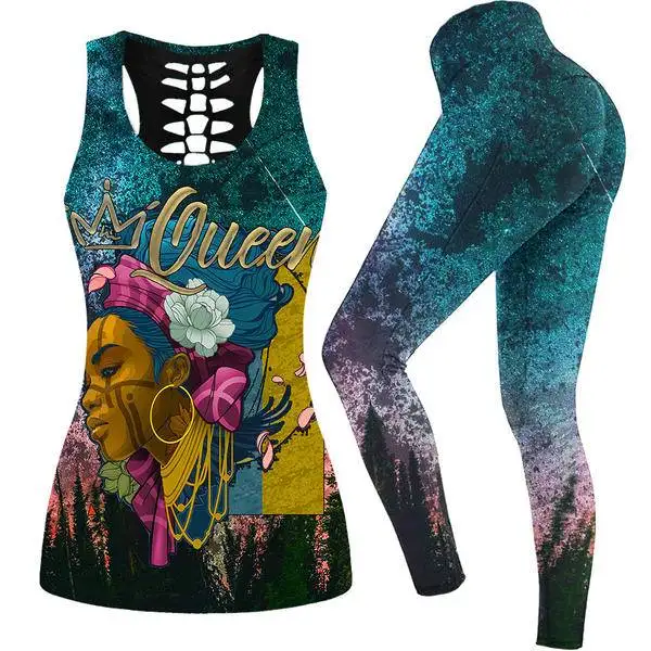 

Ladies Summer Dress 2021 African Sexy Women 3D Printed Fitness Women Yoga Set Hollow Vest Tights Set High Waist Elastic Sports
