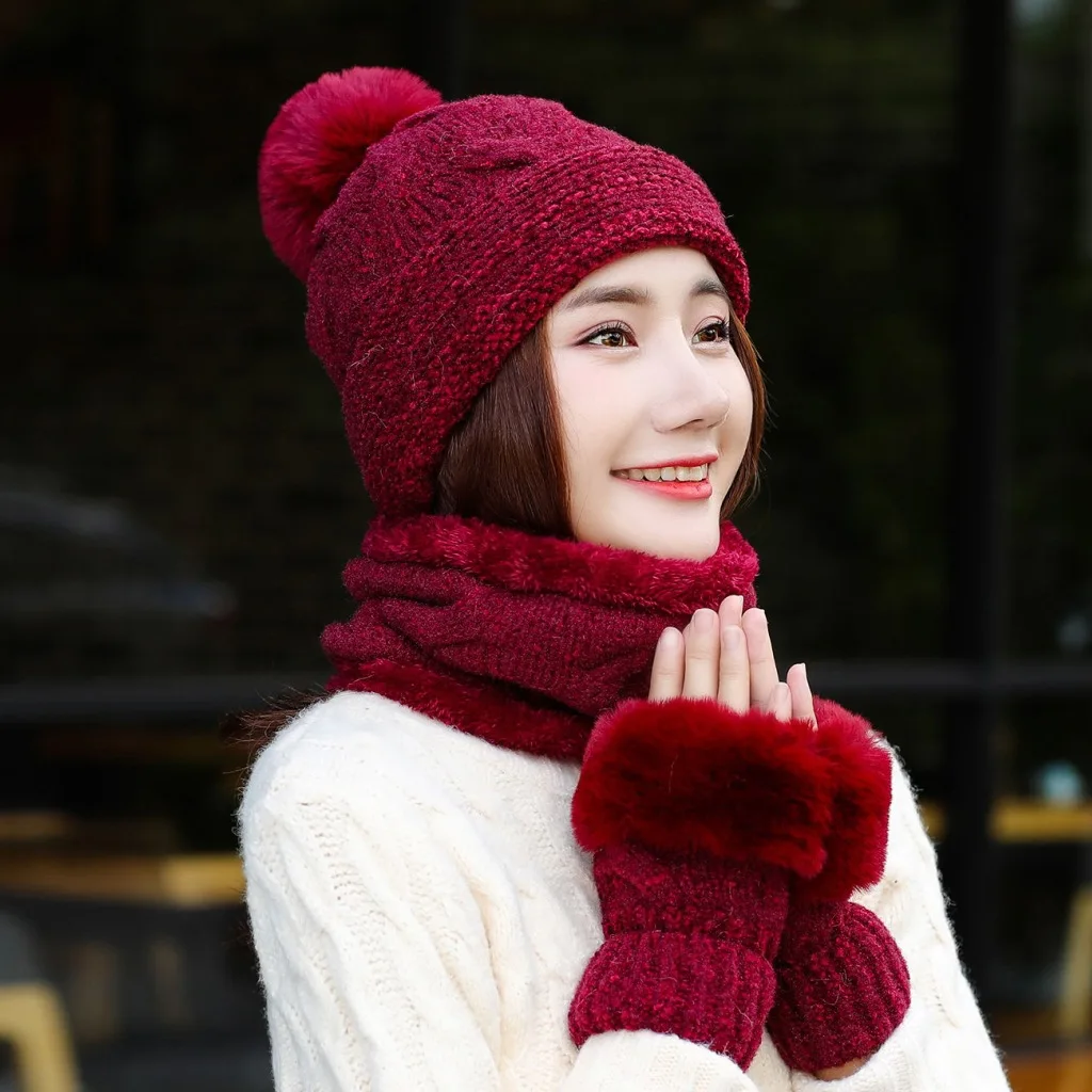 Hat Women's Winter Bib Gloves Three Piece Set Korean Casual Versatile Plush Lovely Chenille Knitted | Аксессуары для одежды