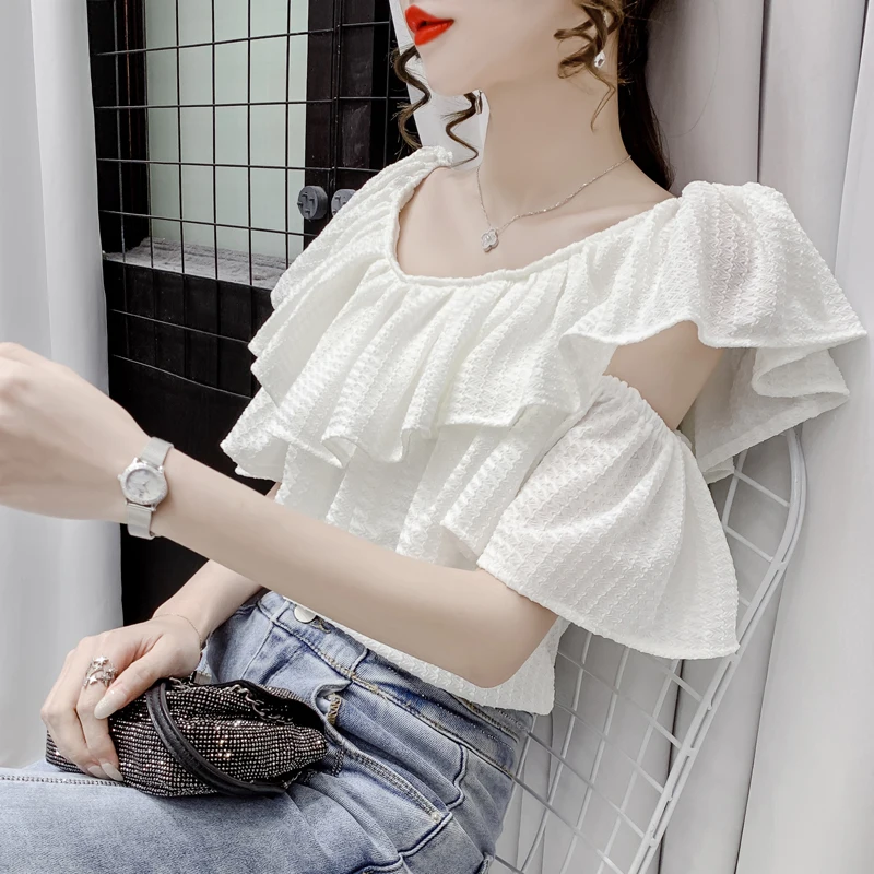 

Slash Neck Women Blouse 2021 Summer New Open Collarbone One shoulder top Ruffle off shoulder Loose Ladies top Pullover 363C