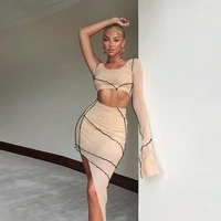 ueteey sexy sheer mesh top and midi skirts women fashion outfit autumn 2020 long sleeve two piece club party matching set