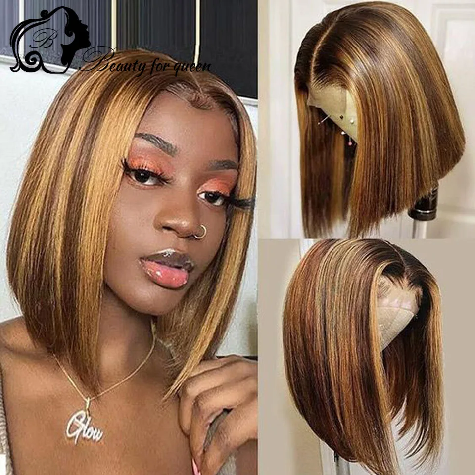 

Highlight Wig Human Hair Short Bob Wig Lace Front Human Hair HD Transparent Lace Frontal Wig For Women PrePlucked Remy Hair 180%