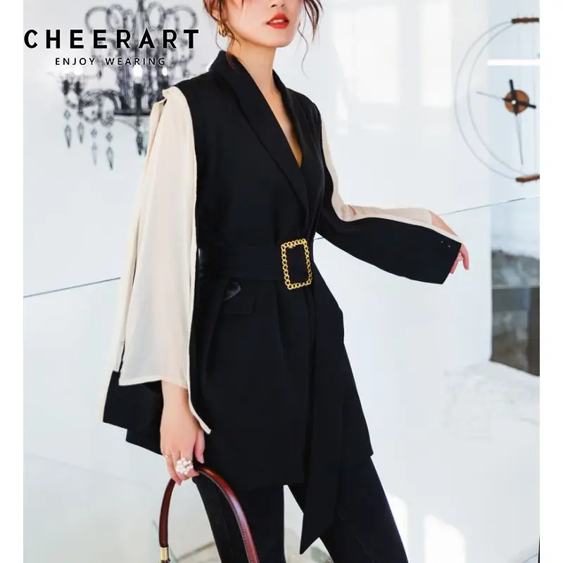 Женский блейзер в стиле пэчворк Cheerart с сетчатым рукавом и поясом верхняя одежда