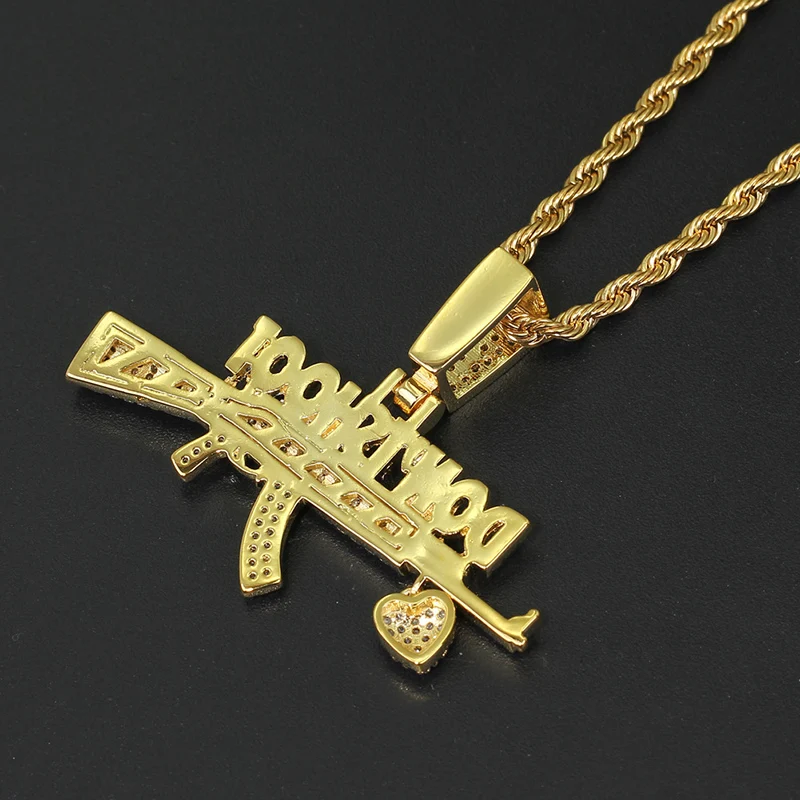 Хип-хоп AAA кубический цирконий проложенные Bling Iced Out не Shoot Heart AK 47 кулоны с оружием