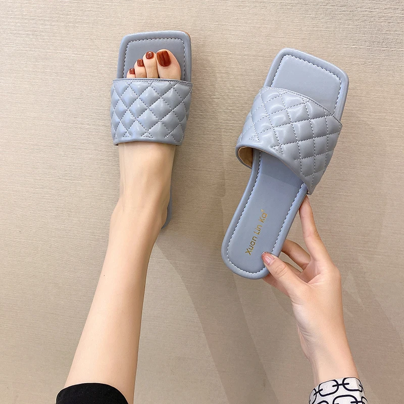 

Shoes Woman 2021 Slippers For Swimming Pool Luxury Slides Pantofle Square Toe Beach Designer Summer New Soft Flat Rubber PU Basi