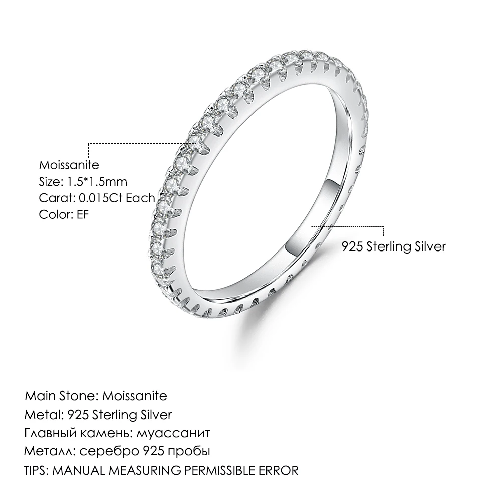 

GEM'S BALLET 925 Sterling Silver Wedding Band Eternity Moissanite Stacking Ring For Women Fine Jewelry0.61Ct 1.5mm EF color