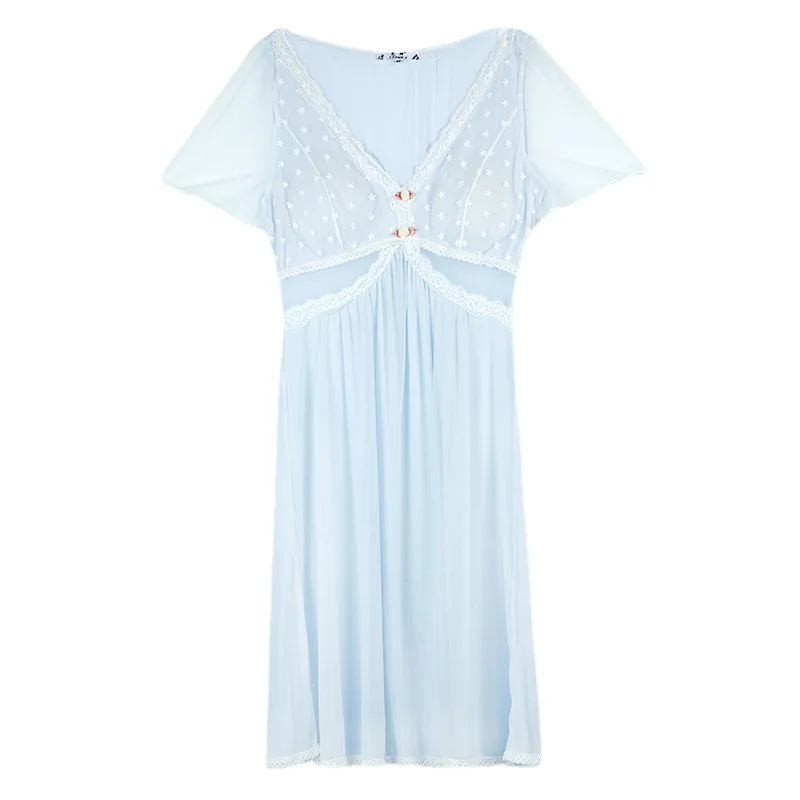 

Sexy Lace Night Dress Women White Mesh Cutout Fairy Nightie Sleepwear Vintage Nightgowns with Breast Pads Nightwear Lounge Wear