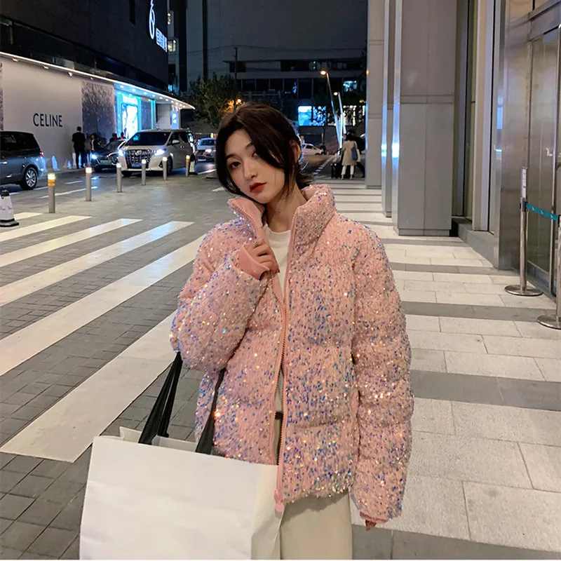 

Pink Shinny Sequined Cotton Jacket Women Short Padded Coat 2021 New Winter Coat Casual Solid Padded Coat