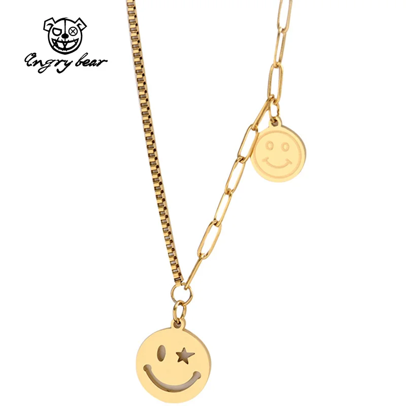 

Angry Bear Smiley Face Necklace Goth Hip Hop Egirl Chain Smile Pendant Necklace For Women Men Girl Neck Chain Gothic Couple Stre