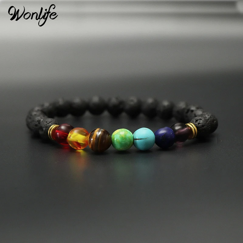 Черный Лава Рок 8 мм бусины 7 Чакра исцеляющий баланс браслет для мужчин и женщин