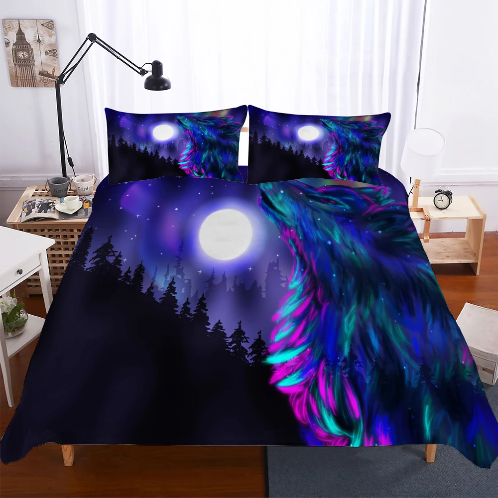 

Complete Double Bed Duvet Cover Night Wolf Howling Purple Printed Bedding Clothes for Adult with Pillowcases King Single Size