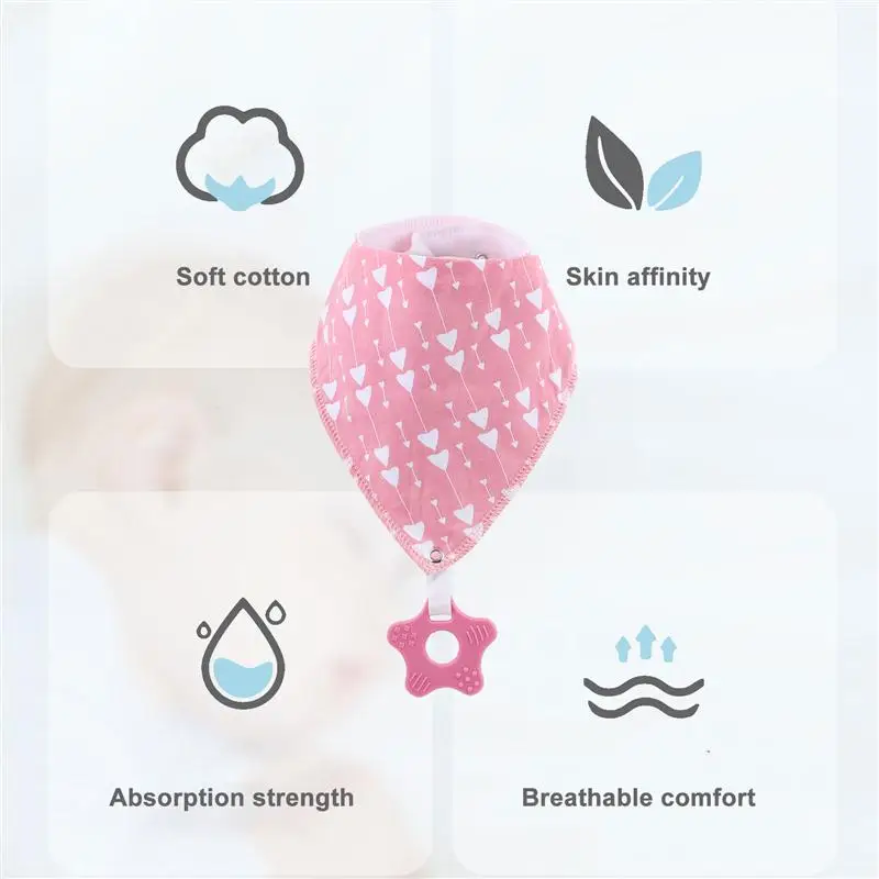 

2pcs Kid Cotton Meal Bibs Drool Towels New-born Bibs with Teether (White, Pink)
