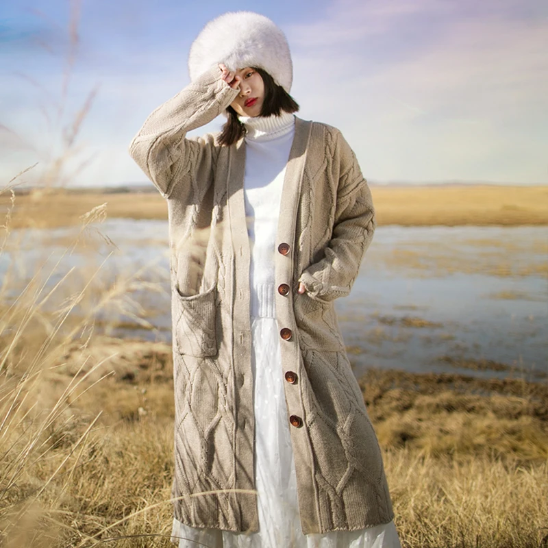 

Women'S Mid-Length Cardigan Sweater 2021 Autumn And Winter Thick V- Neck Long-Sleeved Knitted Cardigan Loose Casual Outwear