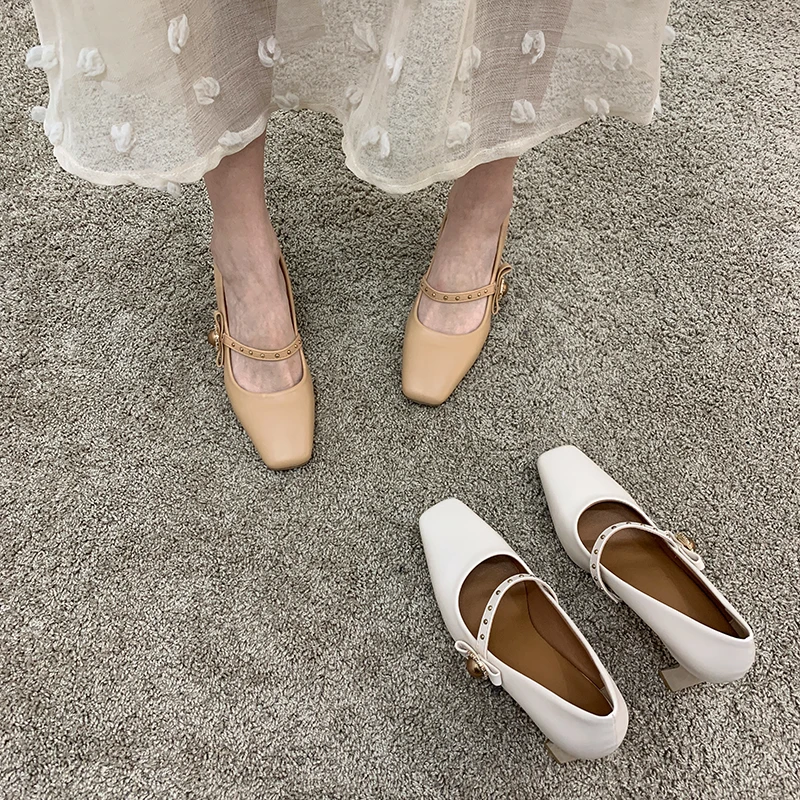 

Square toe leather shoes women 2021 spring new shallow mouth thick heel casual Mary Jane shoes buckle high heels