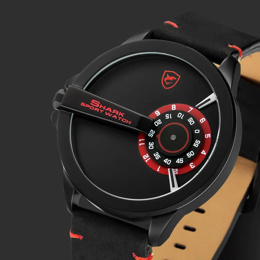 Red SH563 Спортивные часы SHARK, брендовые, поворотный циферблат, черный, красный, дизайн, кварцевые, Crazy Horse, кожаный ремешок, военные мужские креативные часы/SH563 - Цвет: Red SH563